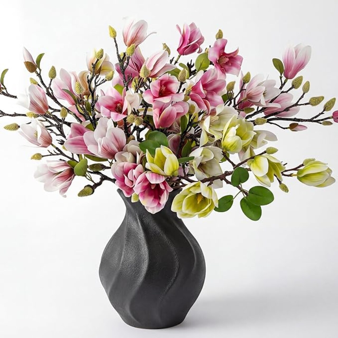 8 Pcs Artificial Magnolia Flowers Stem for Spring Decoration Faux Fake Flora Stems Beautiful Magnolia Office Hotel Home Decor Accent Pieces (Pink,Green)
